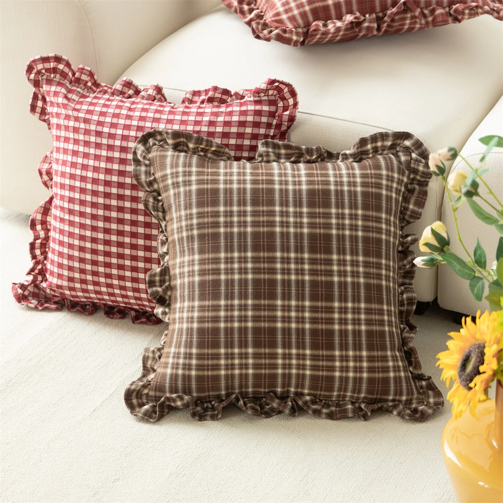 45x45cm Pillowcase Sofa Living Room American Retro Square Wood Bed Red Checkered Waist Pillow Cover Core free Headboard Backrest