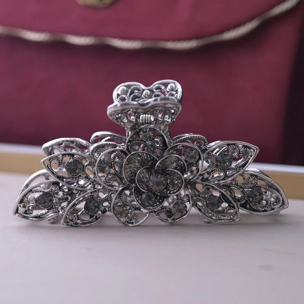 Large Alloy gripper Vintage rhinestone girl flower clips Black antique silver gun for hair clip metal women accessories Hairpin