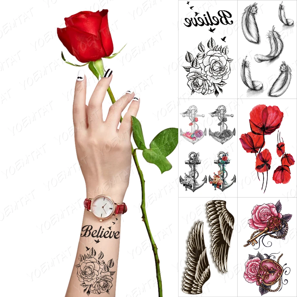 

Line Flower Rose Peony Anchor Feather Wing Transfer Waterproof Temporary Tattoo Sticker Women Men Arm Body Art Flash Fake Tatto