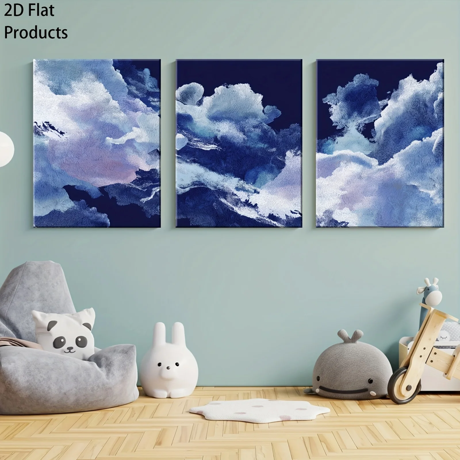2D plat, impression sur toile plate 2D 3 pièces, style abstrait vintage artistique, une gros plan de nuages blancs moelleux contre le bleu profond