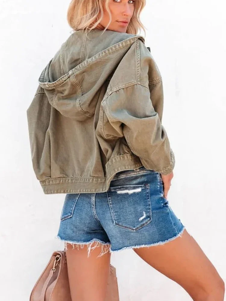 Moda novas jaquetas para mulheres 2025 com capuz denim jaqueta feminina vintage jean casacos casuais manga longa roupas superiores femininas streetwear