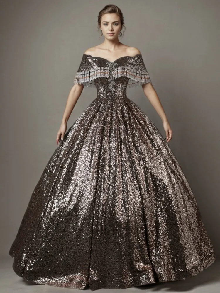 Czarne Złoto Suknie Wieczorowe z Odkrytymi Ramionami Damskie Błyszczące Cekiny Frędzle Sukienka na Imprezę 2026 Nowa Sukienka na Zamówienie na Formalne Okazje