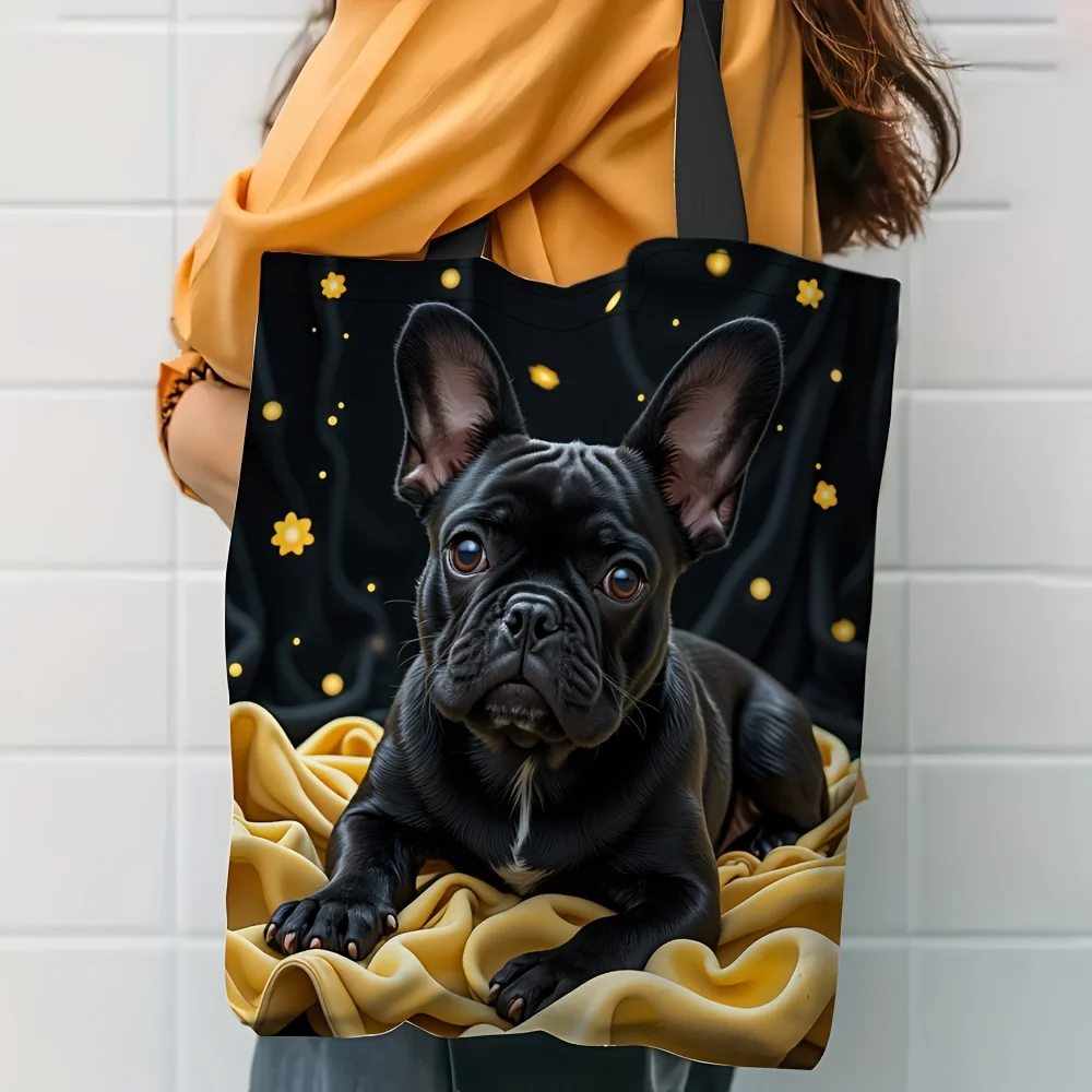 1pc French Tote Bag Cute Frenchie Dog Design with Yellow Blanket Print Durable Handbag for Shopping Gift for Dog Lovers Pouch