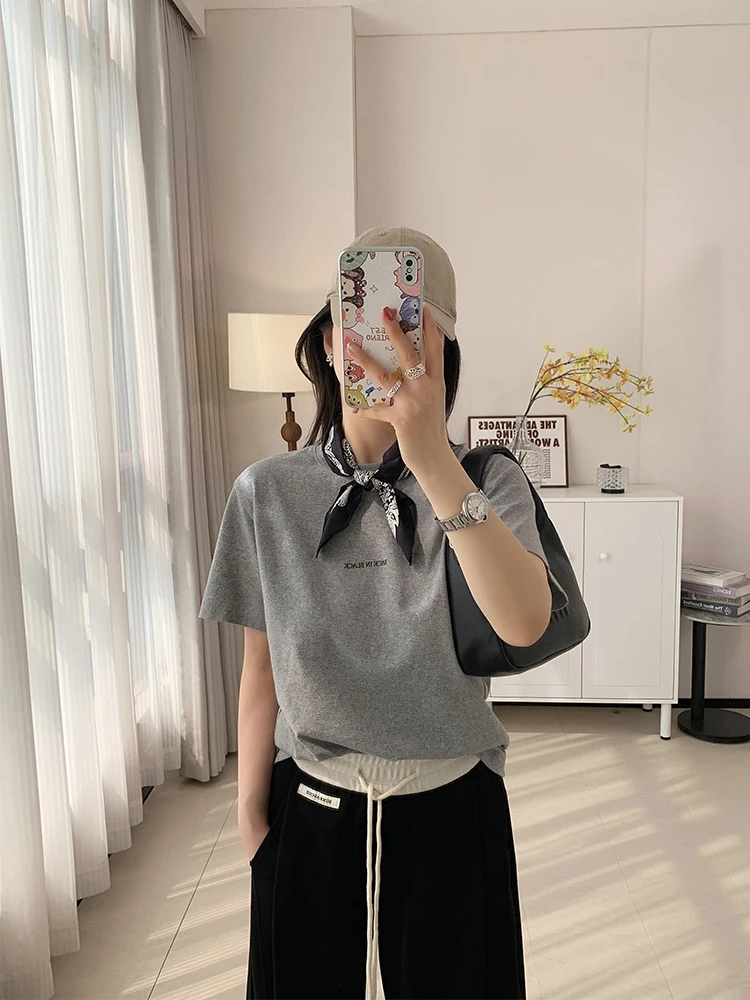

Original C Silk Scarf Silk Cotton 100 Short Sleeve round Neck Top Women Spring Summer Pure Cotton T-Shirt