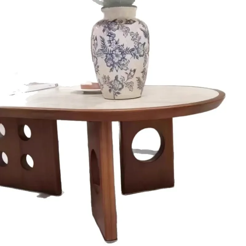 Retro style coffee table, living room home rock slab oval coffee table solid wood tea table