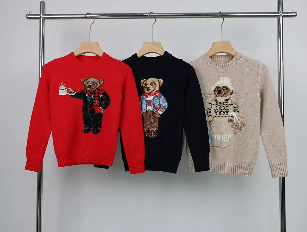 

2025 unisex children's RL bear heavy industry embroidery woven flower knitted sweater round neck long sleeved pullover