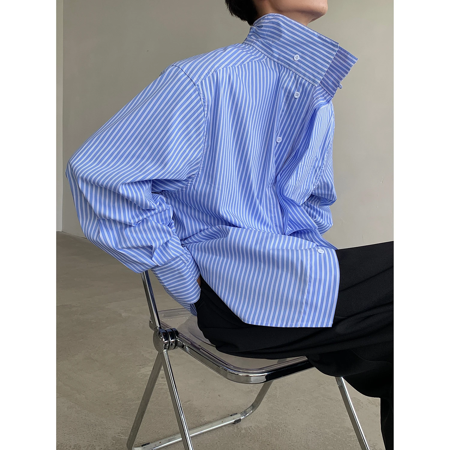 

SYUHGFA 2024 Autum Men's Shirts Vintage Striped Stand Collar Loose Single Breasted Long Sleeve Male Tops New Korean Style Shirt