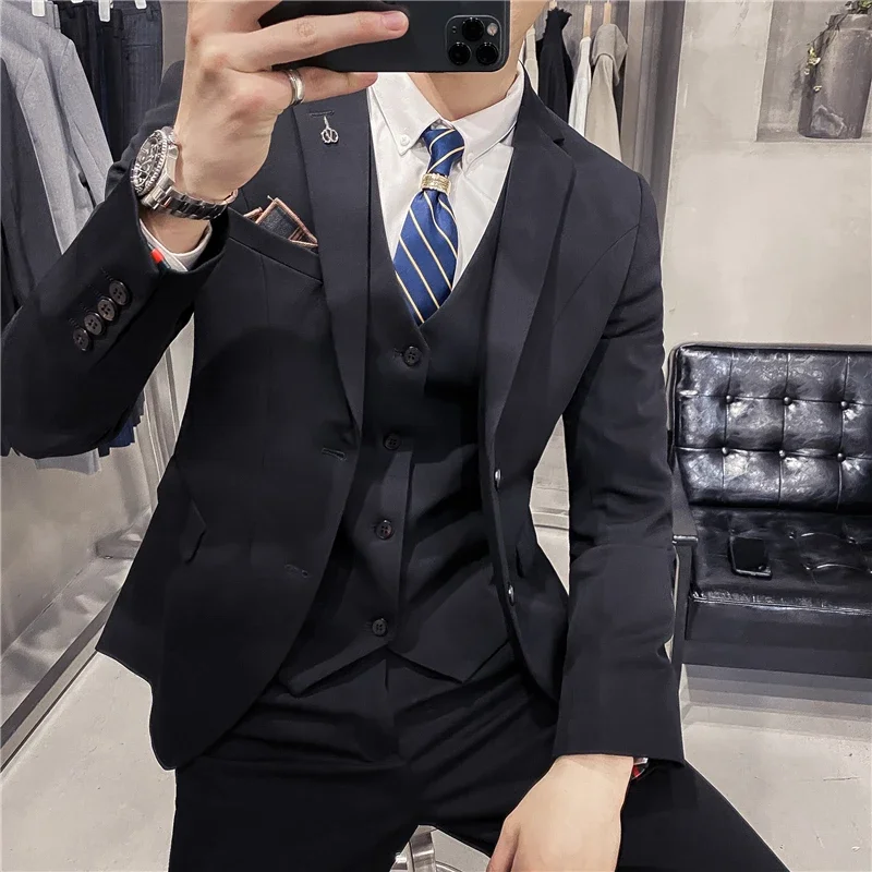 S-7XL ( Blazer + Vest + Pants ) Striped Plaid Solid Color Mens Formal Business Suit 3Pcs Set Groom Wedding Social Show Dress