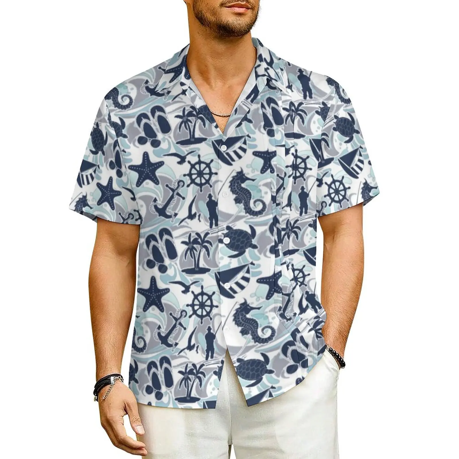 

Nautical Beach Beach Shirt Mens Seaside Ocean Print Trendy Casual Shirts Hawaii Short Sleeve Korean Fashion Oversized Blouses