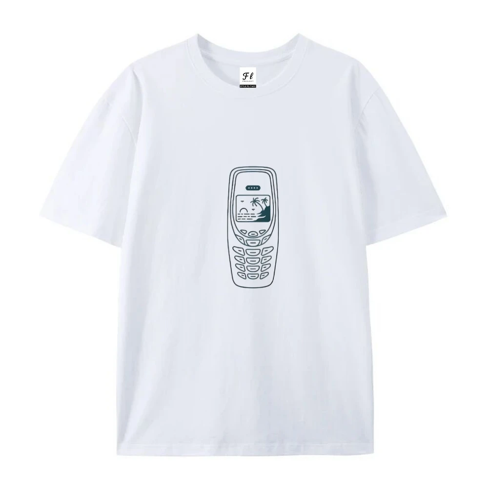 레트로 전화 그래픽 티 화이트 T 셔츠 향수 모바일 디자인 캐주얼 루즈 반팔 여름 빈티지 기술 편안한 탑