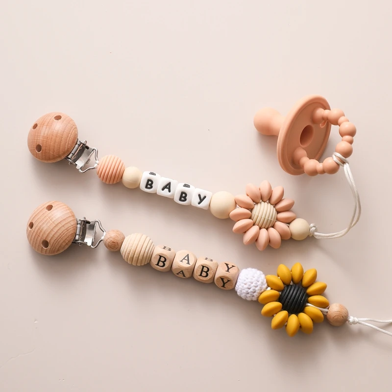 Personalized Sunflower Pacifier Chain Wooden Clip Holder Eco-friendly Newborn Toy