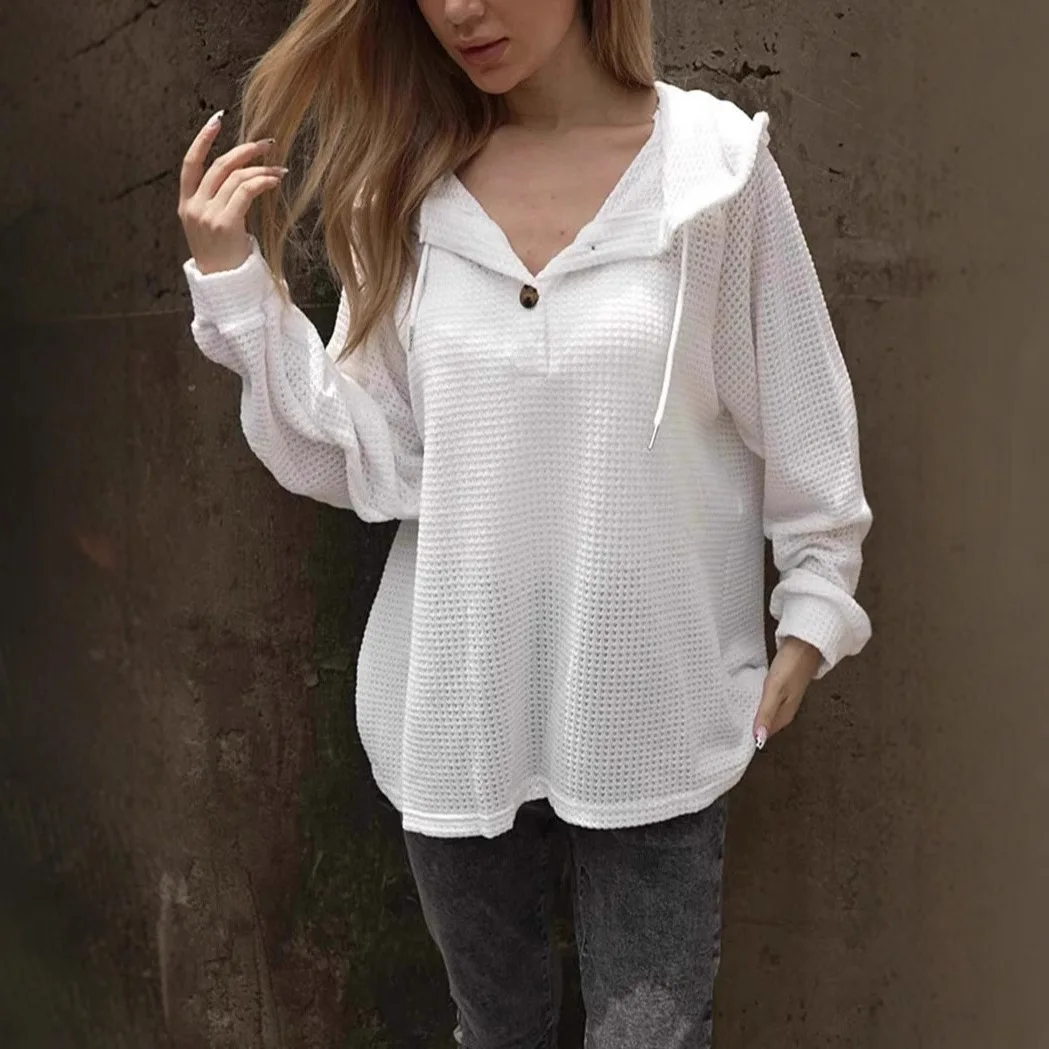 New Autumn Winter Versatile Pullover Office Commuter Style Button Hooded Long-sleeved Sweatshirt Pull Hiver Femme Women Clothing