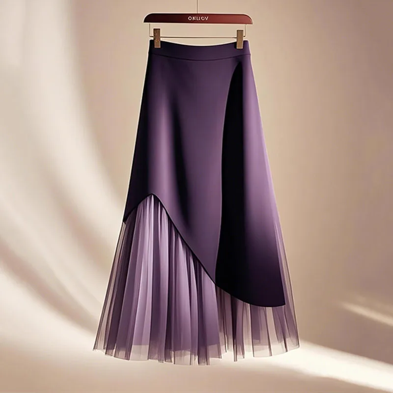

New Elegant Long Purple Skirt For Women High Waist White Panel Pleated Mesh Bottom Slim Summer A Line Skirt Black Jupe Longue