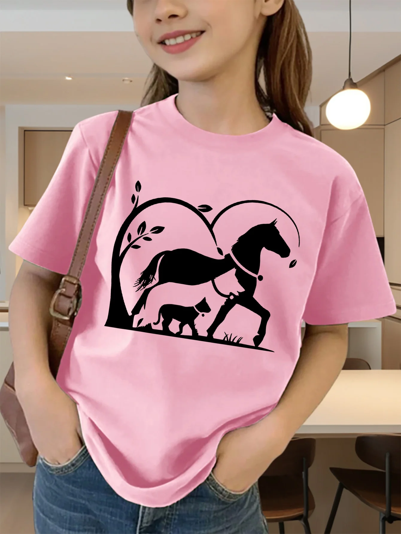Cute Horse Cat Heart Silhouette Print Graphic Kids Tee Boys Girls Family Matching Cotton Crew Neck Short Sleeve Soft Summer Tee