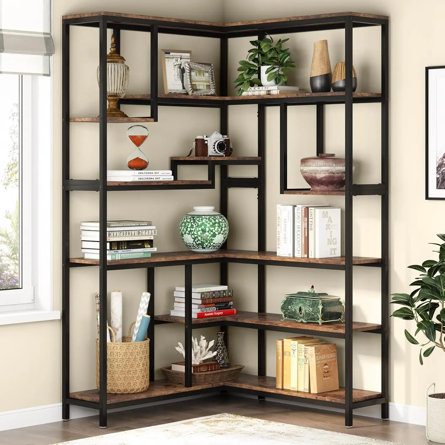 Large modern corner bookcase, 6-storey corner bookcase storage display shelf, metal frame for living room home office