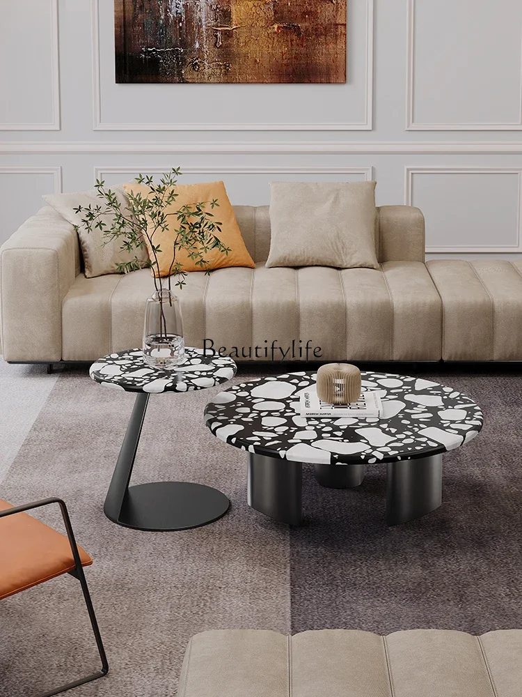 Wabi Sansan minimalist round terrazzo coffee table light luxury high-grade natural marble edge table