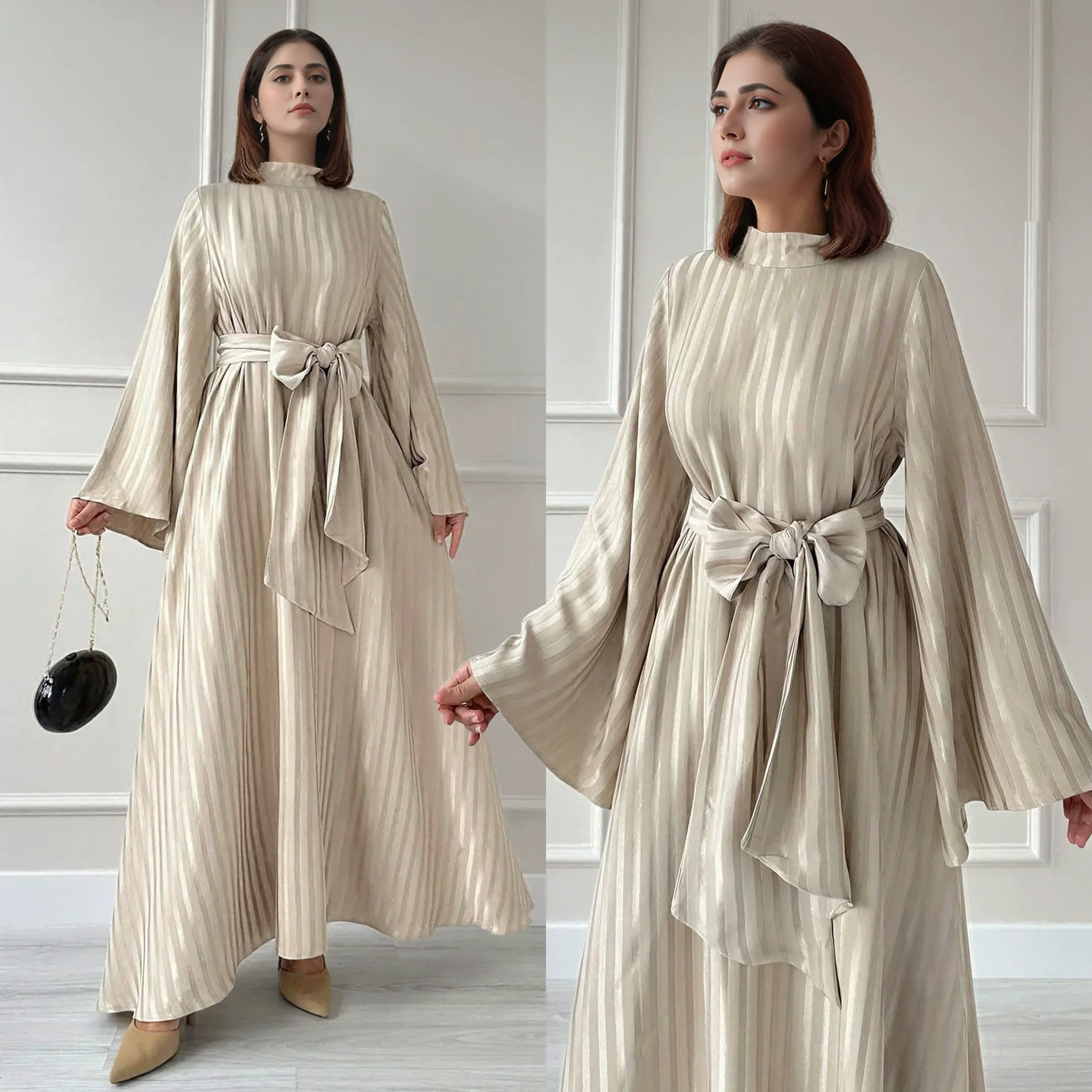 

Islamic Muslim dress with stand up collar, waist cinched, flared sleeves, fashionable satin Middle Eastern women's long dress