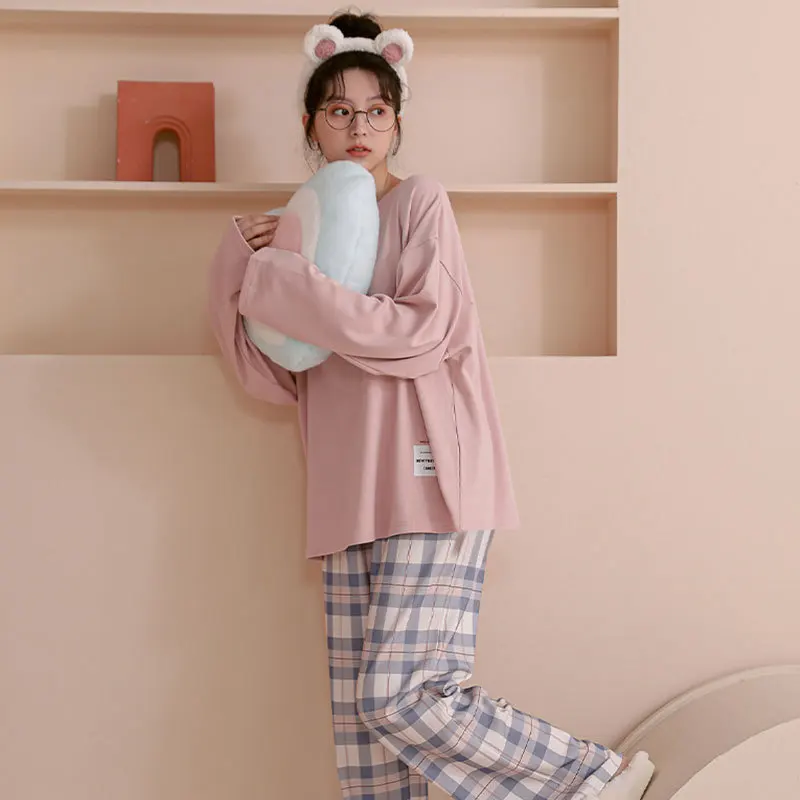 New Autumn Women Pajamas Set Fashion Korean Casual Plaid Sleepwear Student Pijama Suit Ladies Long-Sleeved Trousers Home Clothes