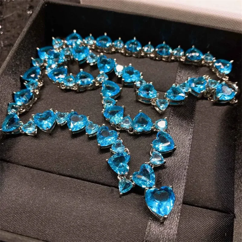 

New Full Diamond style Necklace Inlaid Swiss Topaz Blue Color Treasure Heart-Shaped Necklace Jewelry for Women