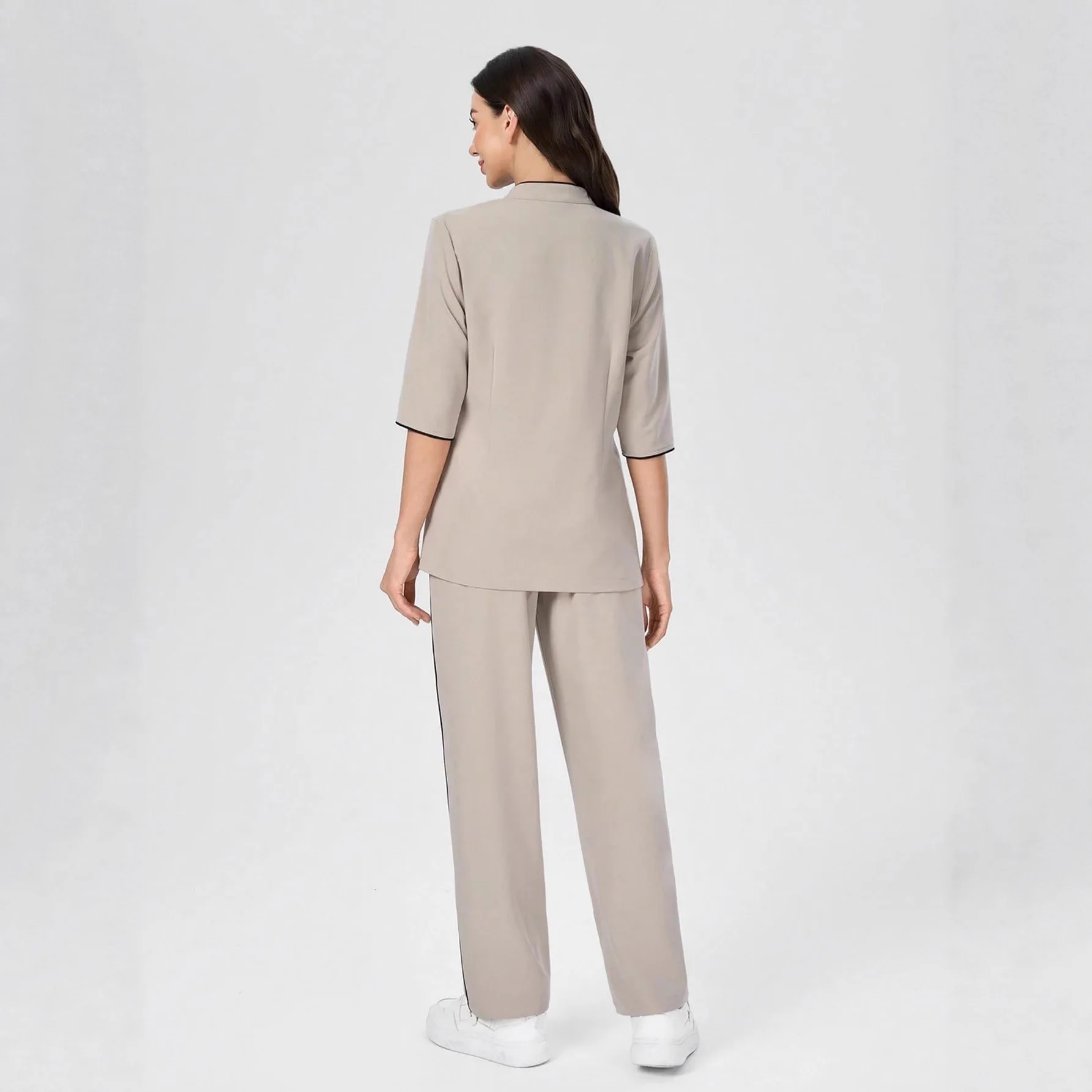 Color Block V Neck Short Sleeve Multi Pocket Scrub Set Beauty Salon Work Uniform