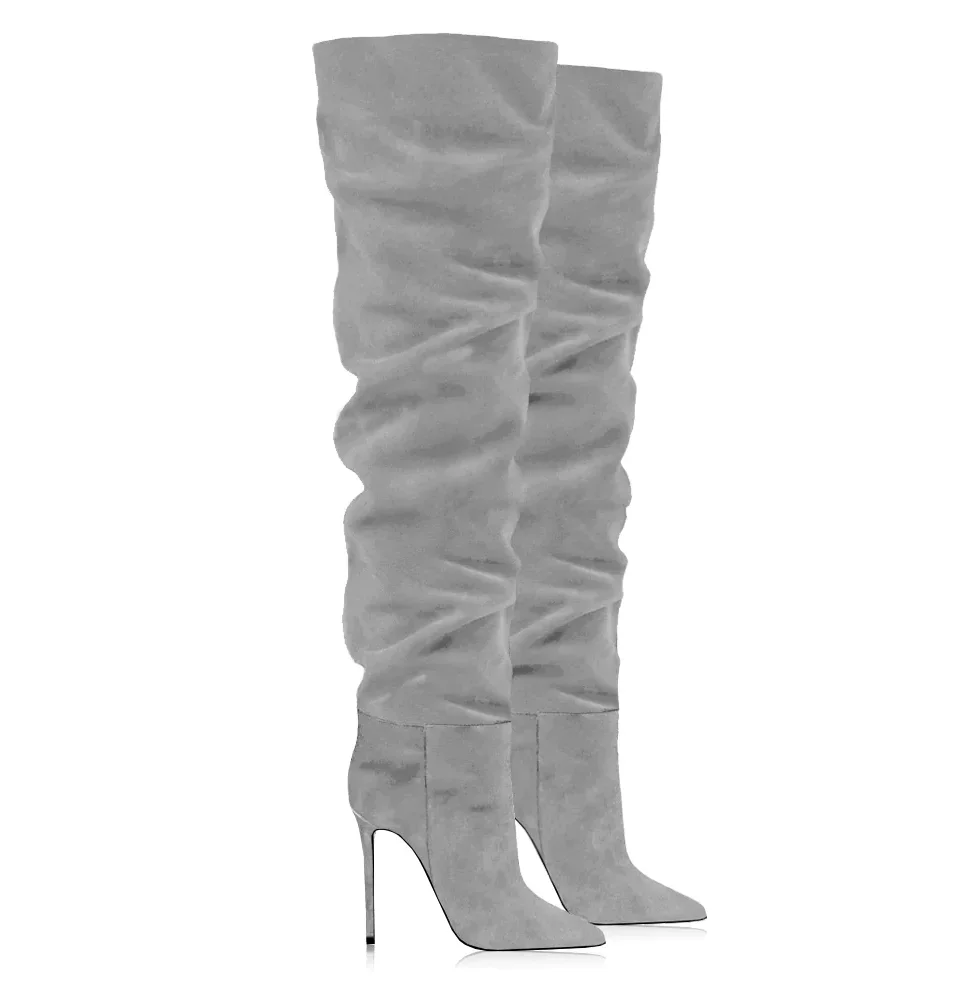 

Winter Suede Over Knee High Boot Pointed Stilettos Sexy Heels Leather Boots Grey Women Big Size Winter Luxury Designer Shoes