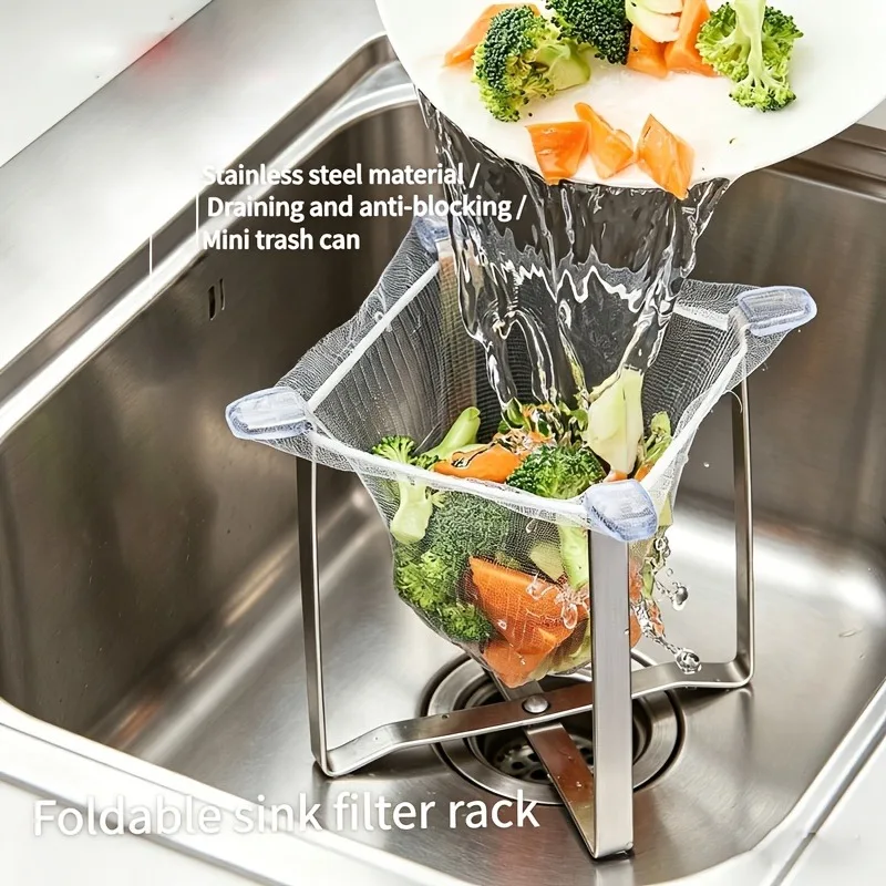 Folding Stainless Steel Trash Can Holder Floor Standing Trash Rack Storage Organizer, Space Saving Countertop Storage Shelf view 6