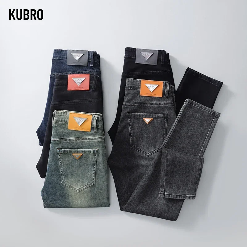 

KUBRO 2023 Autumn Brand Straight Cotton Stretch Thicken Jeans Men's Business Casual Slim Trousers Y2K Fashion Street Demin Pants