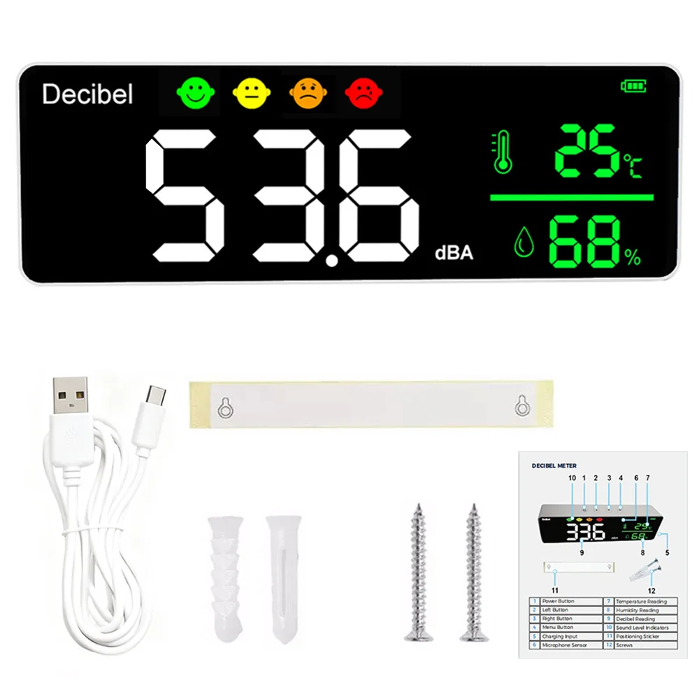 Usb-c Charging Wall Mounted Decibel Meter Supports Data Log Download, High-precision Household Noise Meter