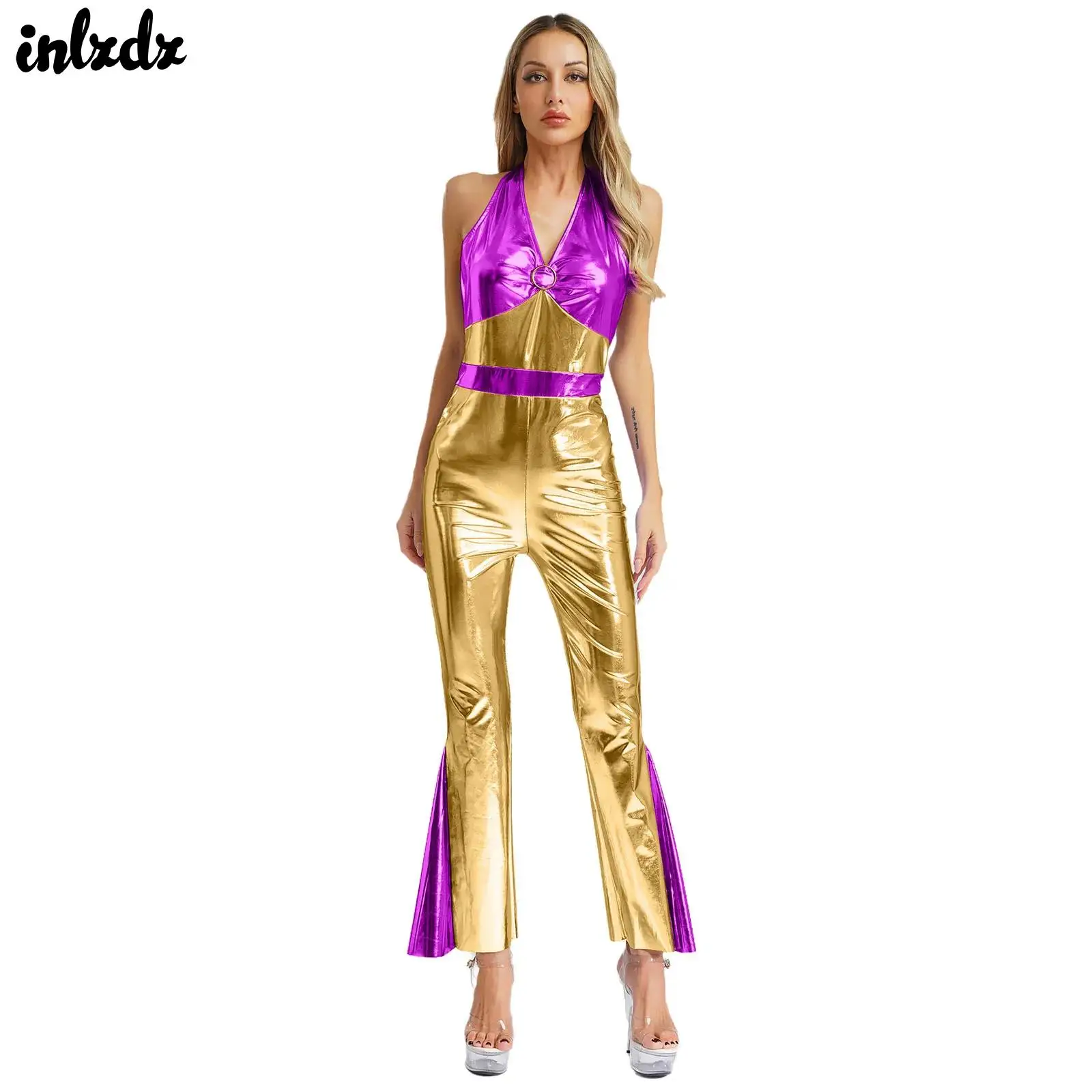 

Disco Jazz Dance Performance Costume Womens Shiny Metallic 70s 80s Hip Hop Outfit Halter High Waist Flared Halloween Jumpsuit