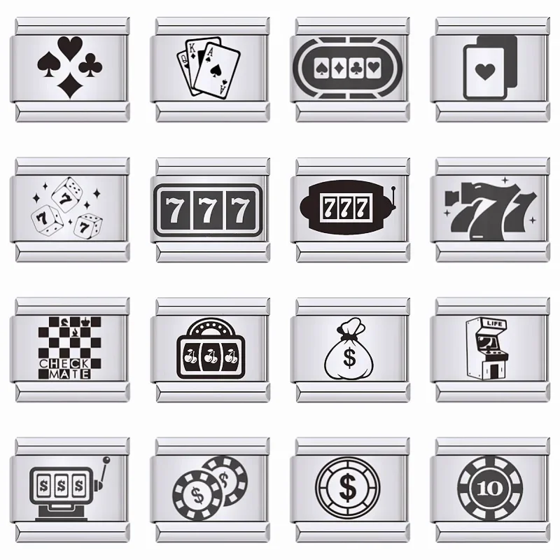 Laser Engraving Pattern Poker Casino Charm Italian Links 9mm Bracelet Modular Stainless Steel Women Men Jewelry DIY Making