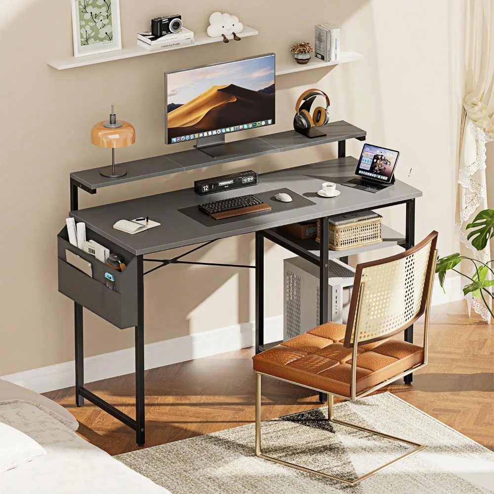 

Office Computer Desk With LED Light, Office Table With Monitor Stand, With Large Storage Bag And Height Adjustable Storage Shelf