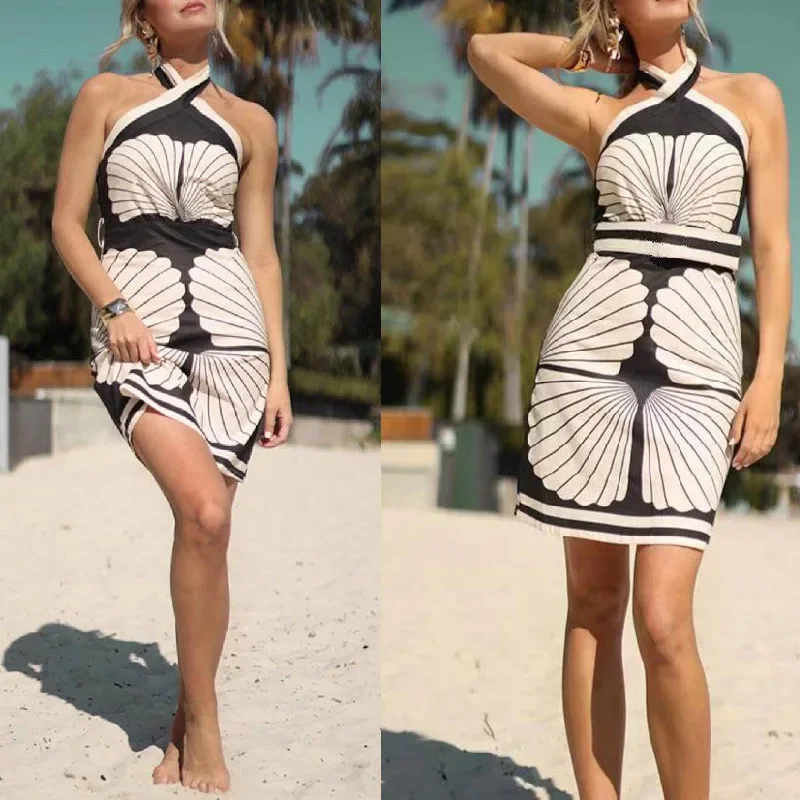 New 2025 Summer Sexy Shell Positioning Print Halter Neck Strappy Backless Dress Vestidos De Fiesta