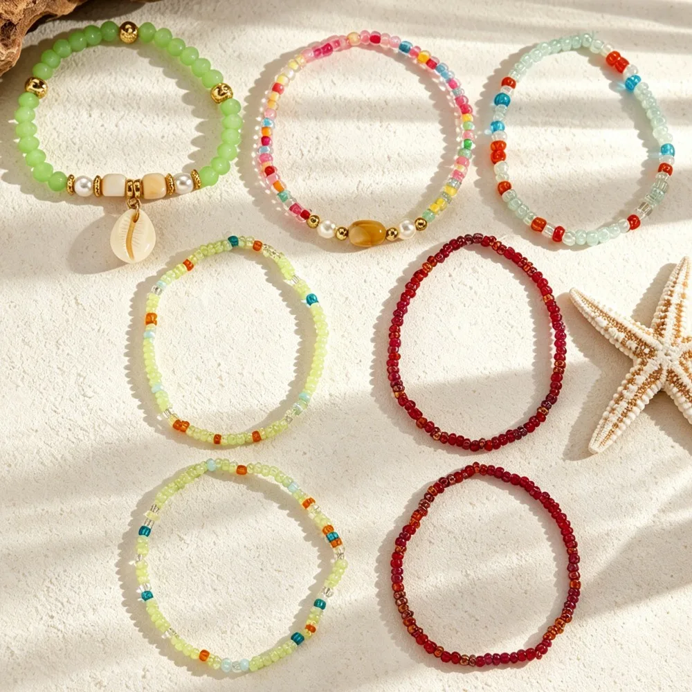 7Pcs Boho Colorful Seed Beaded Cowrie Shell Pendant Multi Layer Stackable Adjustable Anklets Set for Women Vacation Jewelry
