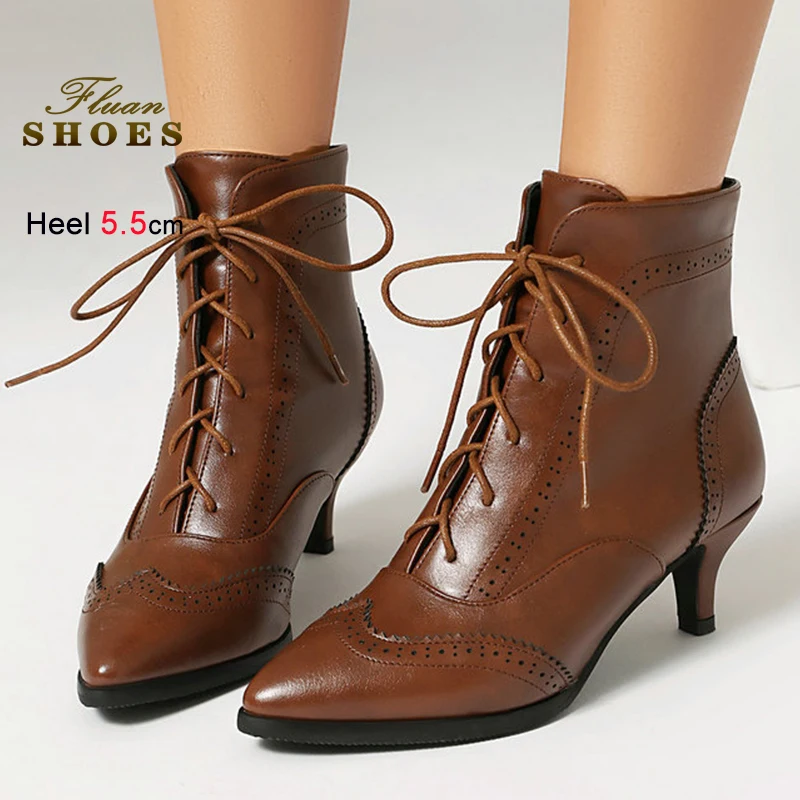 

2025 Winter Brown Women's Ankle Boots Pointed Toe Conical High Heels 5.5cm Lace-up Ladies Pumps Leisure Short Boots Size 35-43