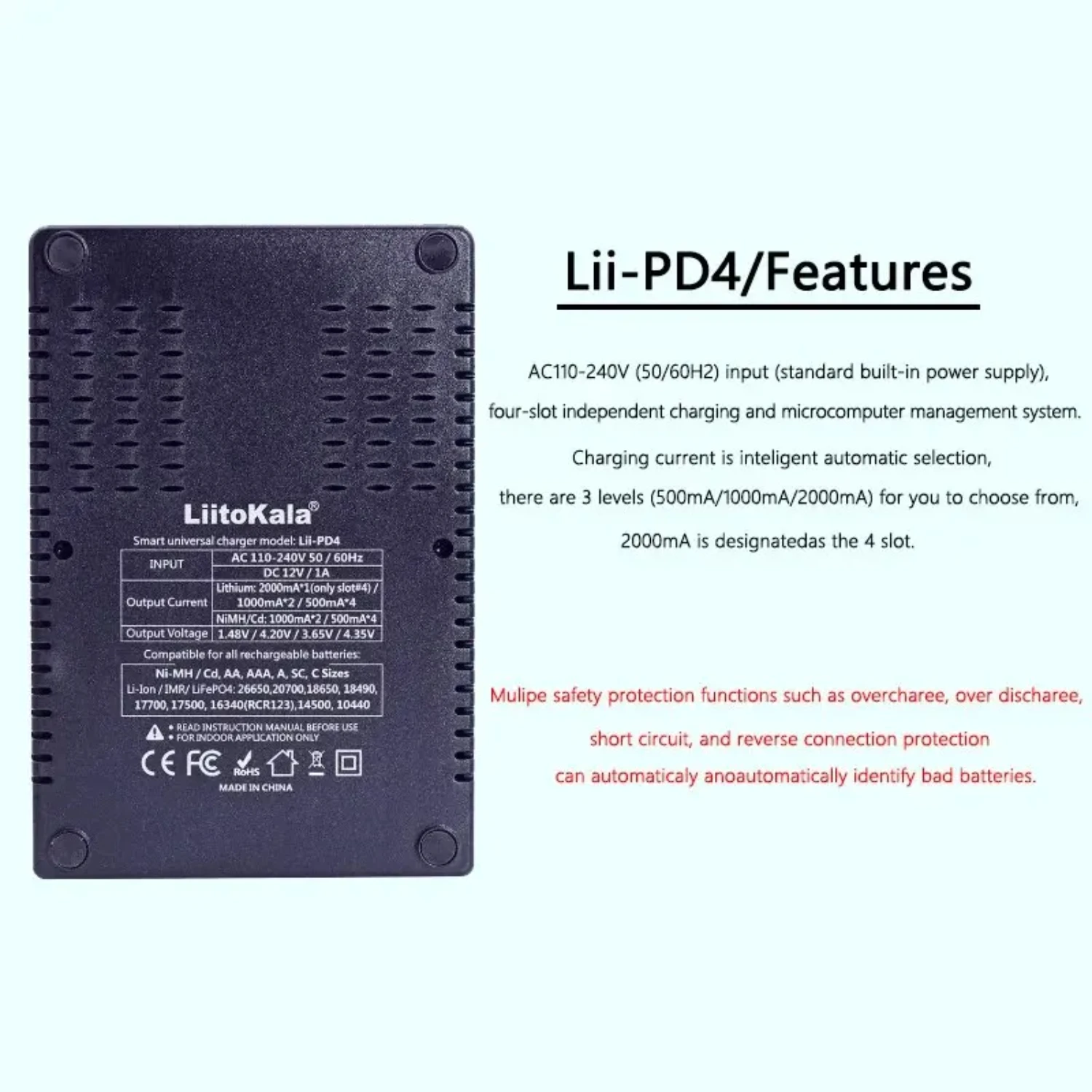 Lii-PD4 LCD 3.7V/1.2V/3.2V/3.8V NiMH 18650 16340 18350 18500 21700 20700 26650 Recharge Lithium Battery Mind Charger