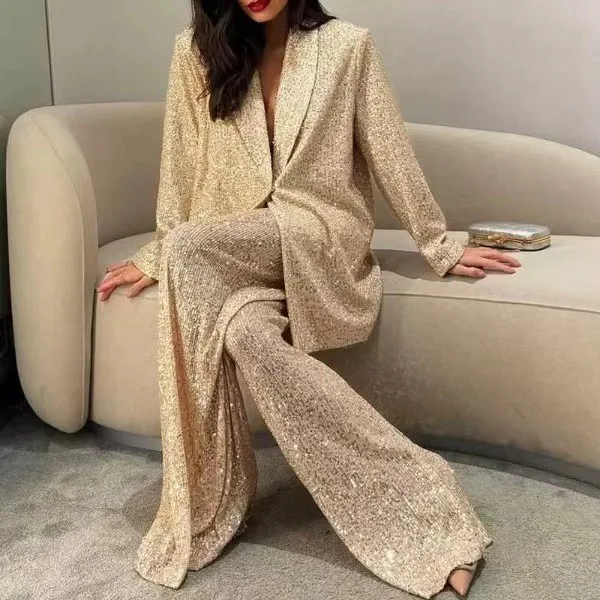 2026 Women's Sequin Decor Lapel Long Sleeve Blazer Wide Leg Pants Two Piece Set Elegant Versatile Party Commuter Female Outfit