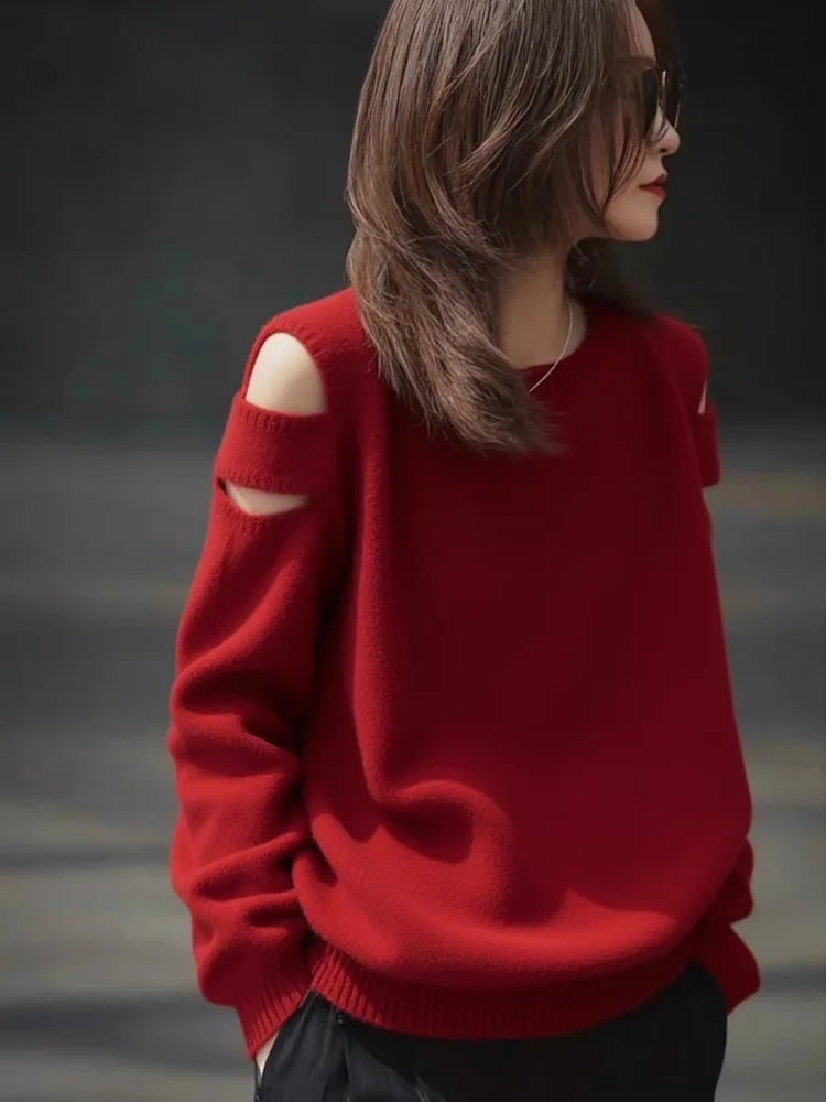 Off-the-shoulder round neck pure cashmere sweater women's winter loose and slim Joker pullover sweater sweater