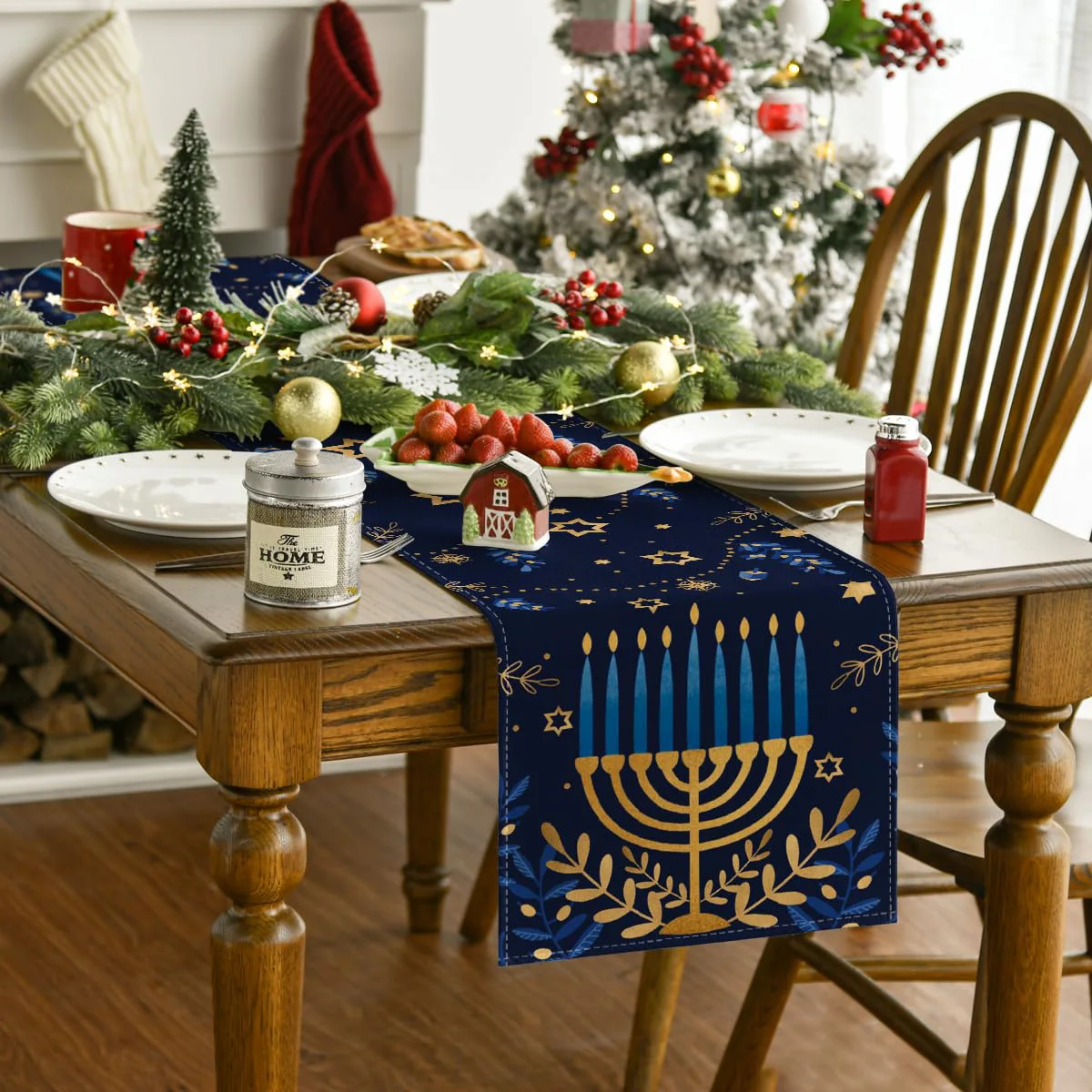 Watercolor Star Olives Hanukkah Table Runner, Seasonal Chanukah Menorah Kitchen Dining Table Decoration for Outdoor Home Party