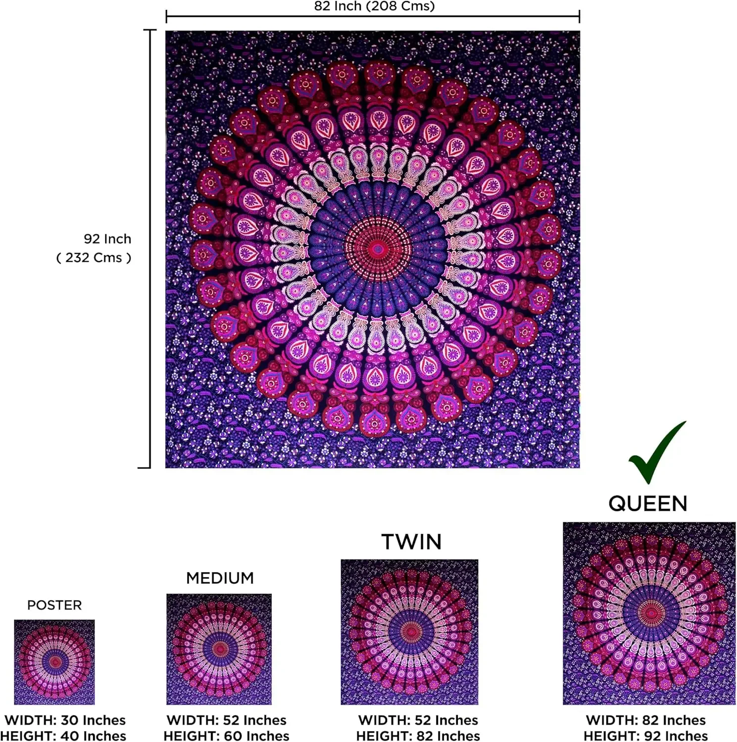 Indian Cotton Purple Tapestry Mandala Wall Hangings, Hippie Boho Throw for Bedding Beach Blanket Yoga Meditation 82x92 Inches