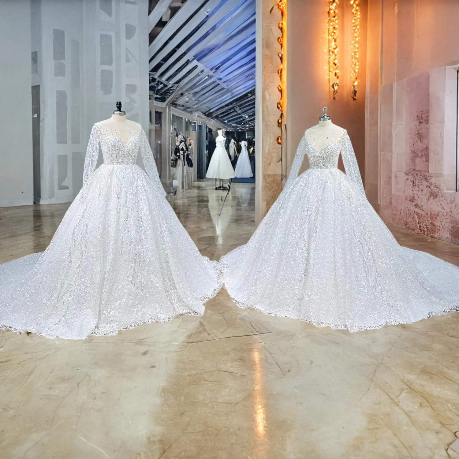 Vestidos De Novia Crystal Beading Shining Ball Gown Wedding Dresses with Long Sleeve Illusion Back Vintage Robe Mariage