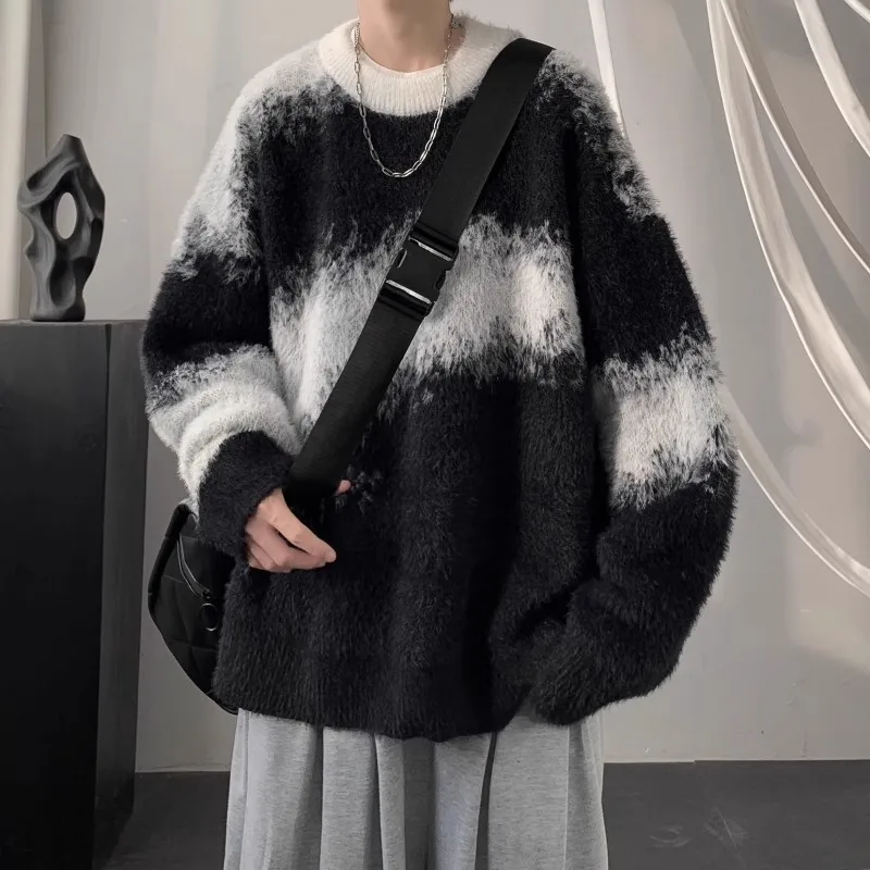 

Мужской свитер в американском ретро-стиле с цветными блоками, утепленный, свободного кроя, вязаный, с длинными рукавами, круглым вырезом, для зимы