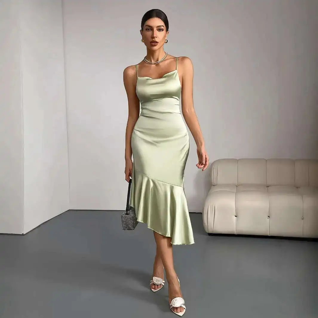 2025 Ruffled Satin Dress for Women's New Light Luxury Niche New French Fishtail Dress Woman 2025 Summer Dress Robe Vestido Women