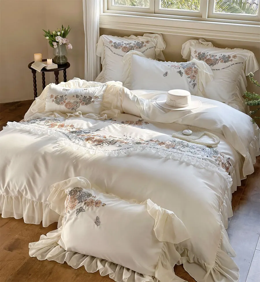 Romantic fairyfair pastoral embroidery flower bedding set,full queen king cotton home textile bed sheet pillow case quilt cover