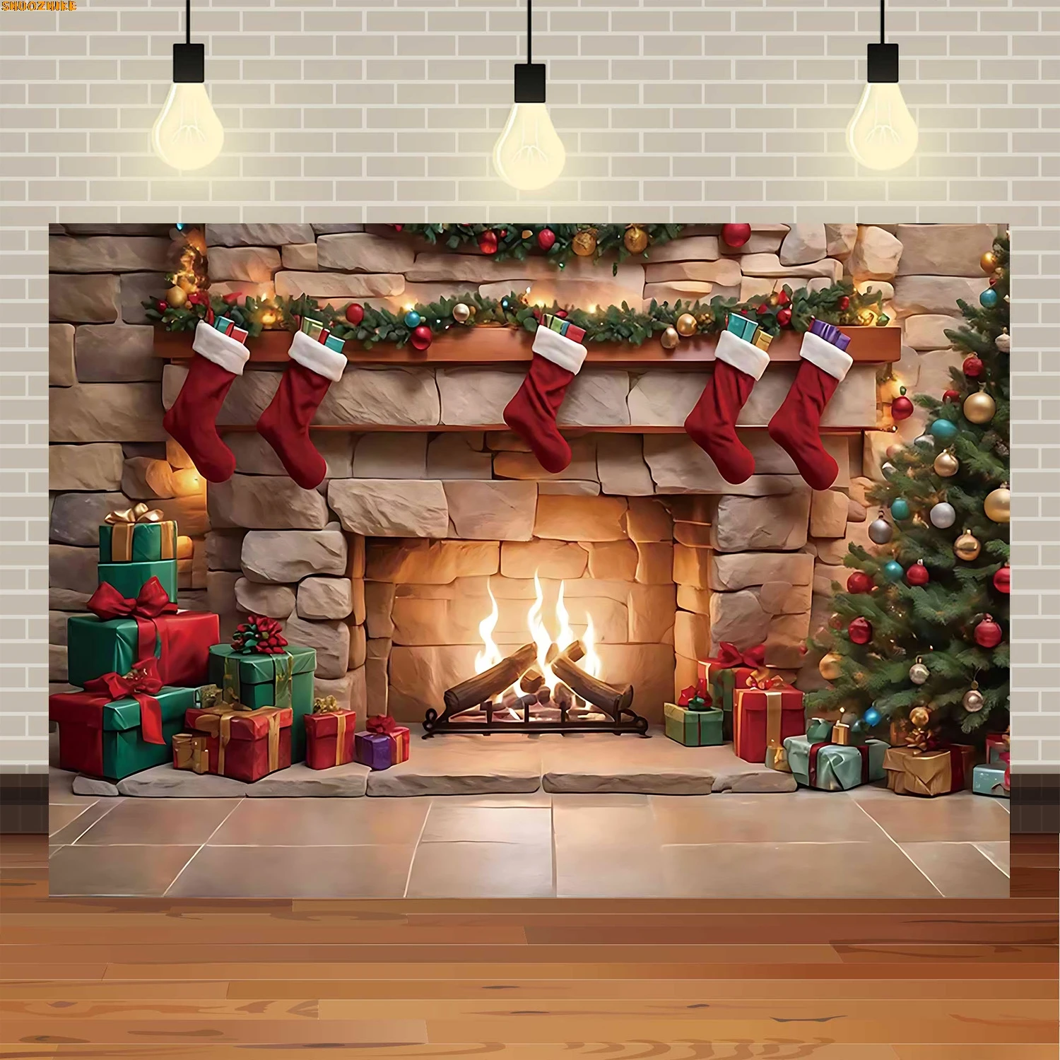 

Christmas Day Wreath Family New Year Party Photography Backdrops Prop Window Living Room Xmas Tree Gift Snow Background OZ-05