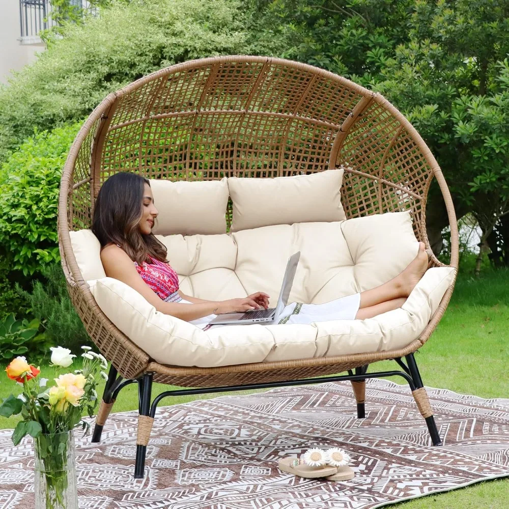 

Double Egg Chair Indoor Outdoor Stationary Oversized 6.5" Thick Padded Cushions,2 Person Egg Wicker Loveseat, Customized