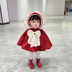 Baby Cape Autumn and Winter Children Outing Windproof Coat Fleece Girl Shawl Large Bow Warm Fashionable Kids Casual Cape