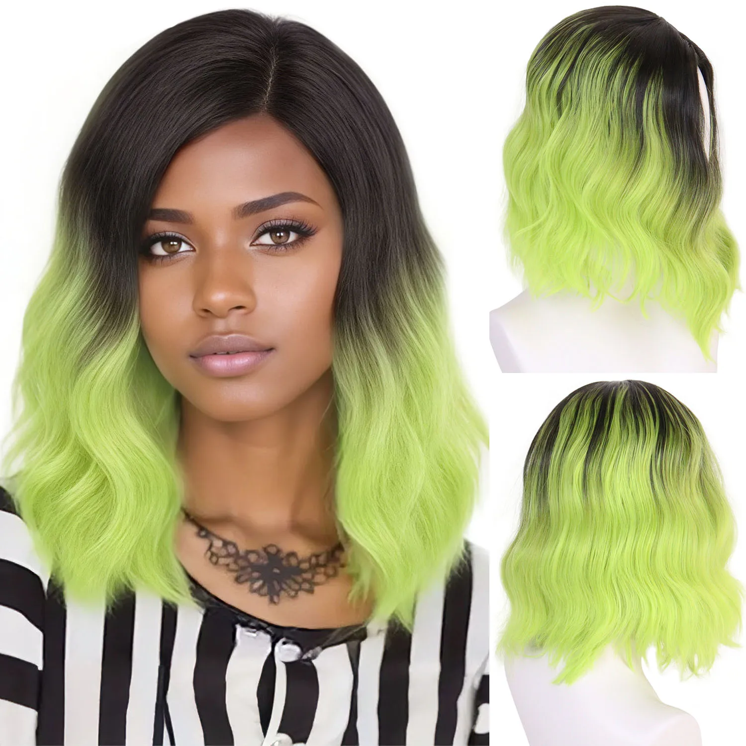 

Synthetic Fiber Ombre Matcha Green Wigs for Black Women Glueless Hair 14 Inch Short Wavy Curly Wig with Bangs Dress Up Cosplay