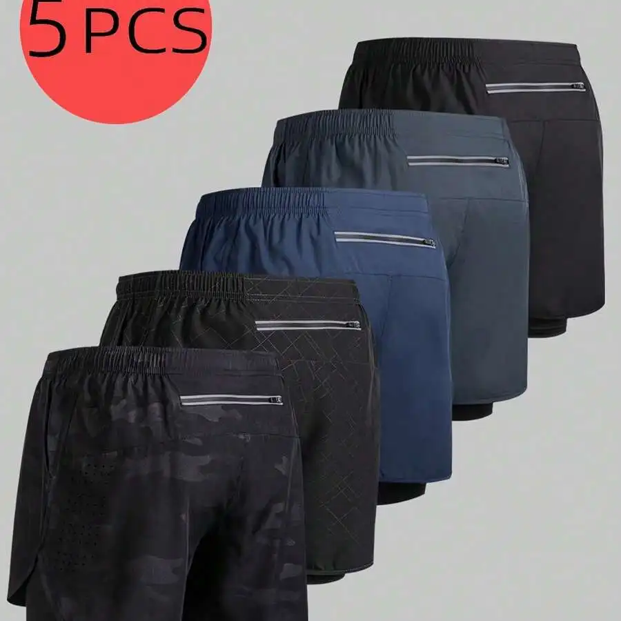 5 Pcs Mens Quick-Dry Knee-Length Sports Shorts With Zippered Pockets, Loose Fit Polyester Outdoor Running Fitness Shorts