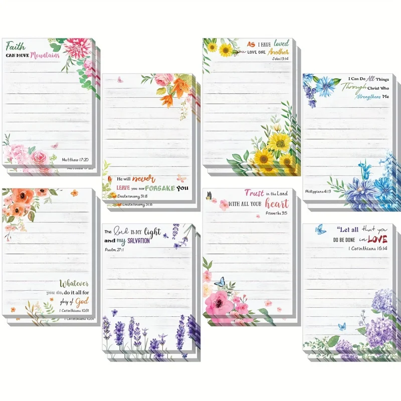 Notes autocollantes pour versets bibliques inspirants, 8 pièces, motif Floral, bloc-notes avec citation chrétienne pour le bureau, l'école et la liste des achats