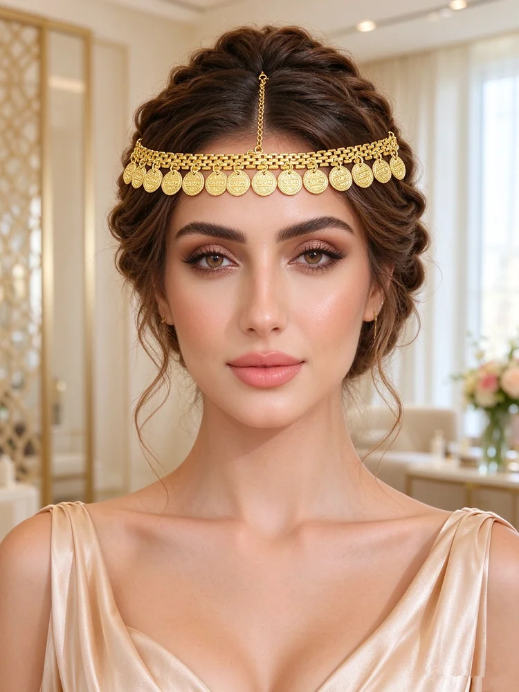 Women Retro Coin Bridal Headband Boho Ethnic Head Chain For Arabian Wedding Photo Props